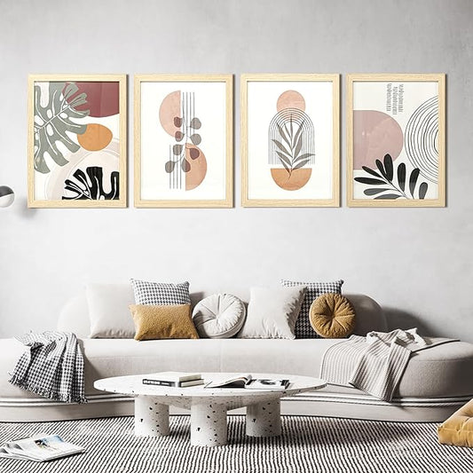 Art3d Framed Boho Wall Art Set of 4 for Wood Aesthetic Wall Decor for Living room Kitchen Hallway Bedroom, Neutral Botanic...