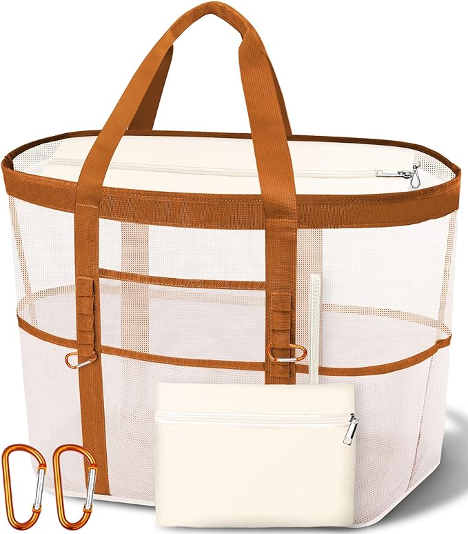 Yeendibo 2026 Chic & Spacious XX-Large Beach Bag for Women — Mesh × Canvas Tote with Top Zipper, 11 Pockets, Detachable Po...