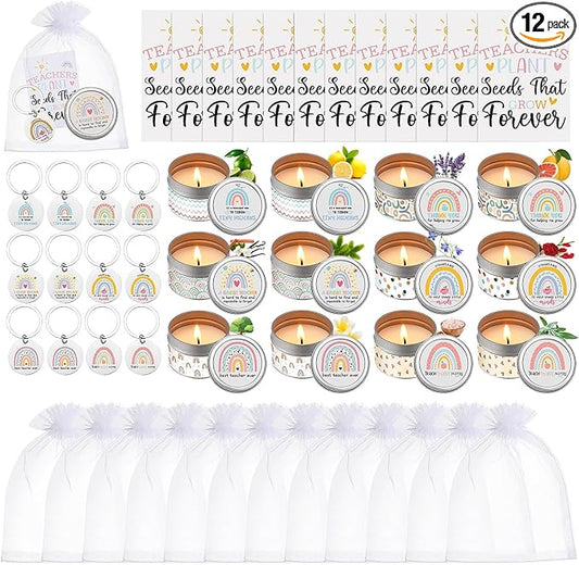 MTLEE 48 Pcs Teacher Appreciation Gifts Set: Scented Soy Wax Candle, Keychain, Thank You Card & Gift Bag for Teacher