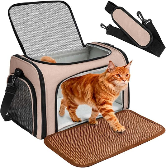 DSDCDJ Cat Carrier Dog Carrier - Soft-Sided Cat Carrier with Plush Pad & Cooling Mat, Easy-Load 4-Side Zipper & 3-Side Mes...