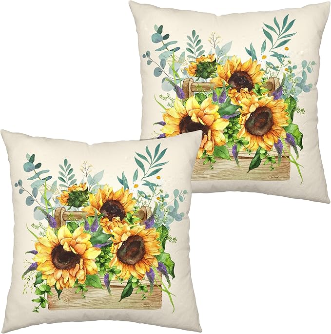 Kwlegh Sunflower Pillow Covers Spring Summer Floral Throw Pillow Covers Set of 2 Sunflowers with Eucalyptus Leaves Farmhou...
