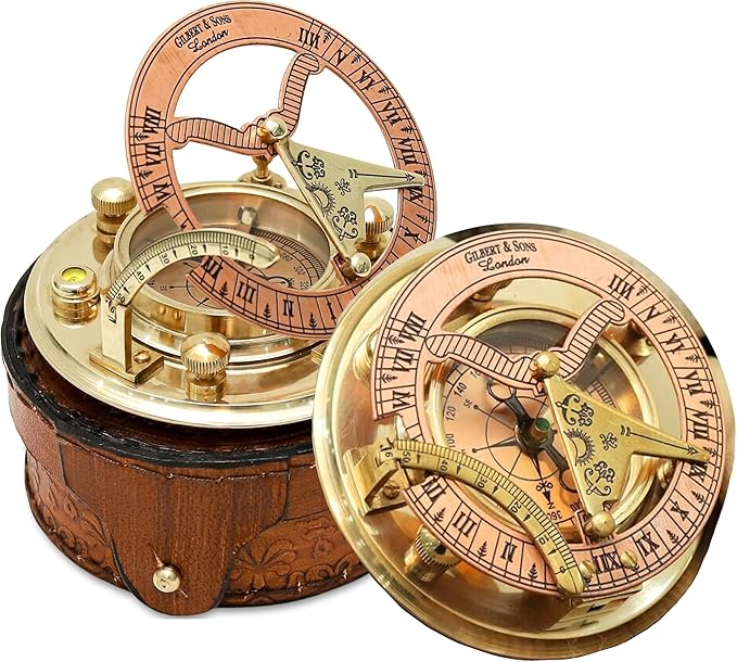 NETAEX Personalized Engraved Antique Brass & Copper Sundial Compass, Sundial Clock in Leather Box Gift Sun Clock Ship Repl...