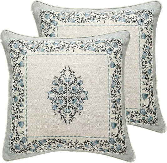 ISAENNE Design Linen Square Throw Pillow Covers 18"x18" Pack of 2, Cottage Farmhouse Cushion Covers with Thorn Vine Patter...