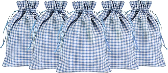 Meseey 5 Pcs Buffalo Plaid Burlap Gift Bags with Drawstring (6Wx8L, Blue-White Plaid) Reusable Gingham Sacks Gift Pouch Ba...