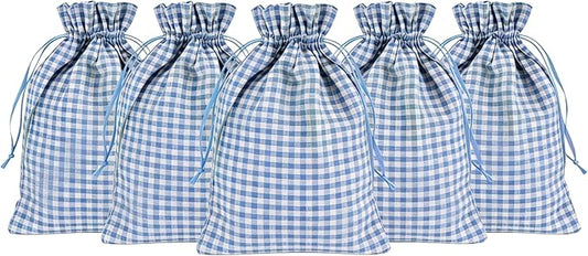 Meseey 5 Pcs Buffalo Plaid Burlap Gift Bags with Drawstring (6Wx8L, Blue-White Plaid) Reusable Gingham Sacks Gift Pouch Ba...