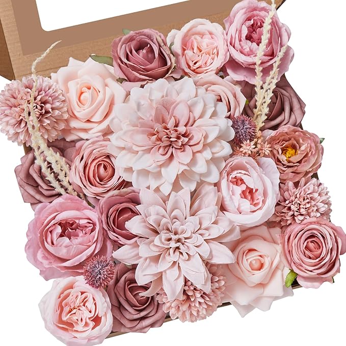 Alecono Artificial Flowers, Dusty Pink Silk Fake Flowers for DIY Wedding Bridal Bouquets, Wedding Cake Flowers for Table C...