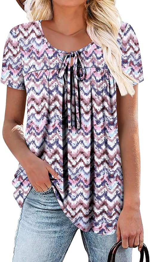 BETTE BOUTIK Womens Summer Tops Corded Short Sleeve Tunic Shirts Pleated Crewneck Corded Tops Blouses S-3XL