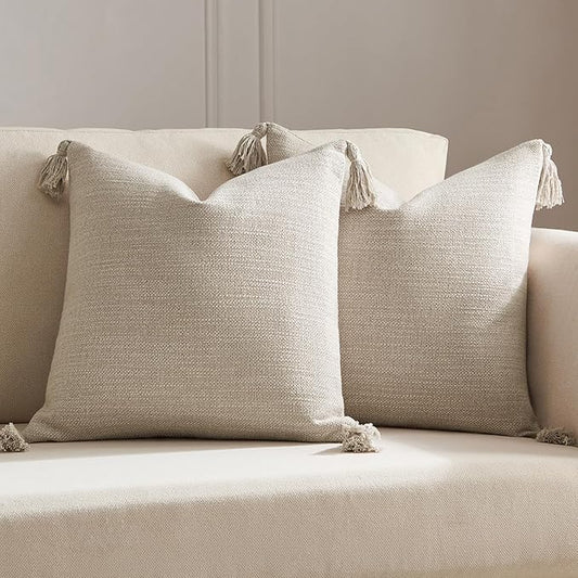 Meekio Set of 2 Linen Beige Pillow Covers 18x18 with Tassels, Linen Look Decorative Throw Cushion Covers for Sofa Couch, F...