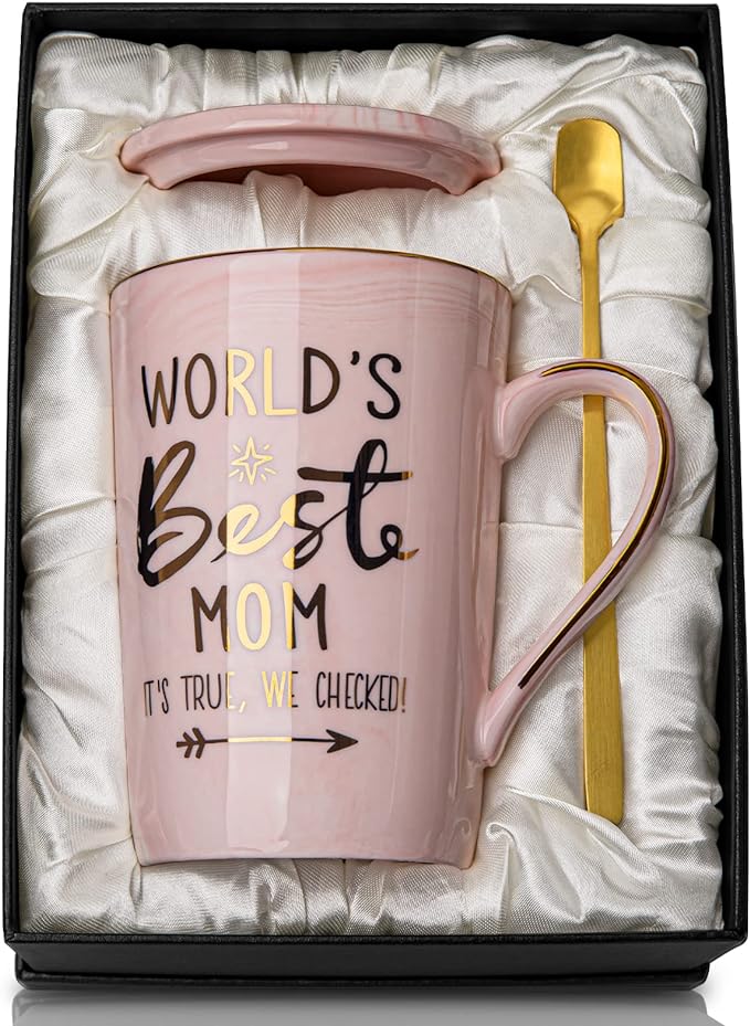 Mothers Day Birthday Gifts for Mom from Daughter Son - 14Oz Funny Best Mom Mug with Gold Print, Unique Pink Marble Coffee ...