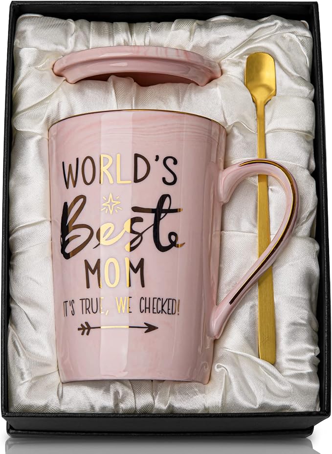 Mothers Day Birthday Gifts for Mom from Daughter Son - 14Oz Funny Best Mom Mug with Gold Print, Unique Pink Marble Coffee ...
