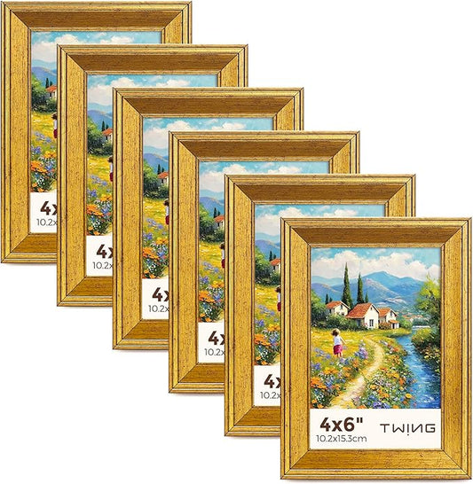 TWING 4x6 Gold Picture Frames Set of 6,Rustic Gold Frames Display Pictures 3x5 with Mat or 4x6 Without Mat,Tabletop Displa...