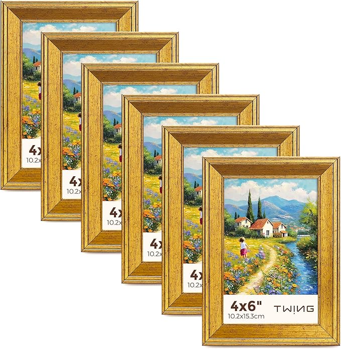 TWING 4x6 Gold Picture Frames Set of 6,Rustic Gold Frames Display Pictures 3x5 with Mat or 4x6 Without Mat,Tabletop Displa...