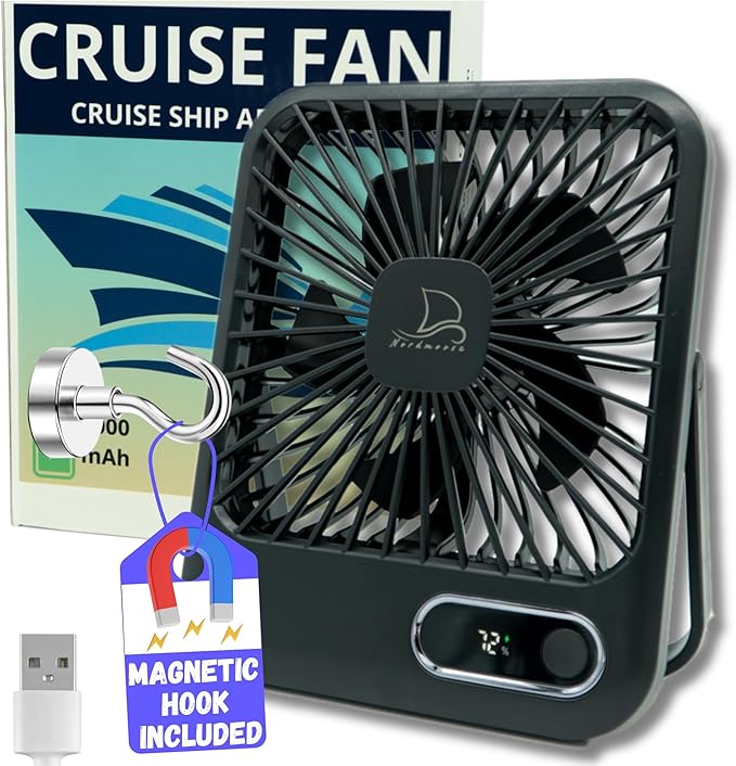 Cruise Fan Cabin Approved - Magnetic Hook Included To Hang On Walls - Portable USB Rechargeable & Plug-In, Timer Function...