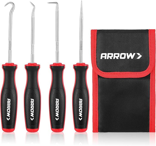 ARROW 4-Piece Precision Hook and Pick Set with Pouch, Mini Pick Tool Set for Automotive Mechanic, O-Ring Removal Tool, Oil...