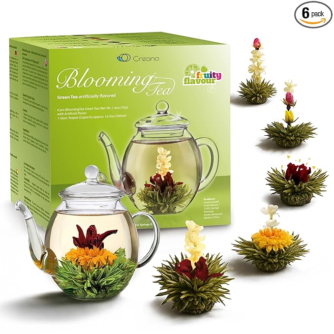 Creano Blooming Tea Gift Set with Glass Teapot 17oz (500ml) - Green Tea Fruity Flavoured Tea Flowers in 6 Varieties - Flow...