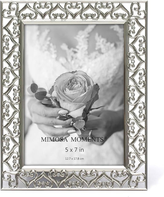 MIMOSA MOMENTS 5x7 Silver Heart Metal Picture Frame with Rhinestones, Decorative Photo Frame for Wedding, Anniversary, Bir...