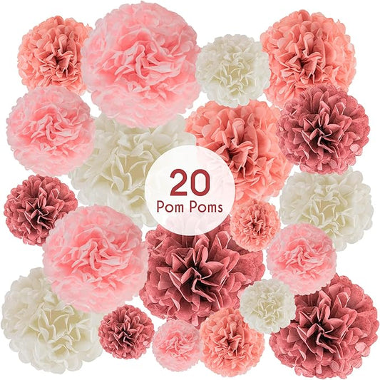 EpiqueOne 20 Piece Tissue Paper Pom Poms | Blush Pink, Dusty Rose, Mauve & Cream | Colorful Paper Flower Wall Decorations ...