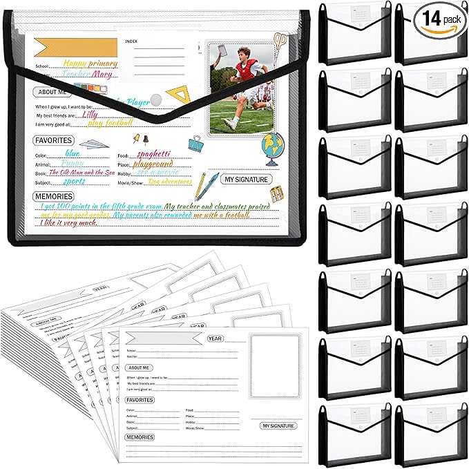 Motipuns 14 Pack K-12 School Memory Box End of The Year Large Capacity with 16 Memory Questionnaires School Year Organizer...