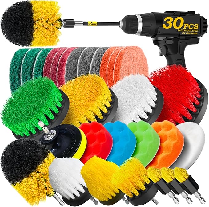 Holikme 30Pack Drill Brush Attachments Set,Scrub Pads & Sponge, Power Scrubber Brush with Extend Long Attachment All Purpo...