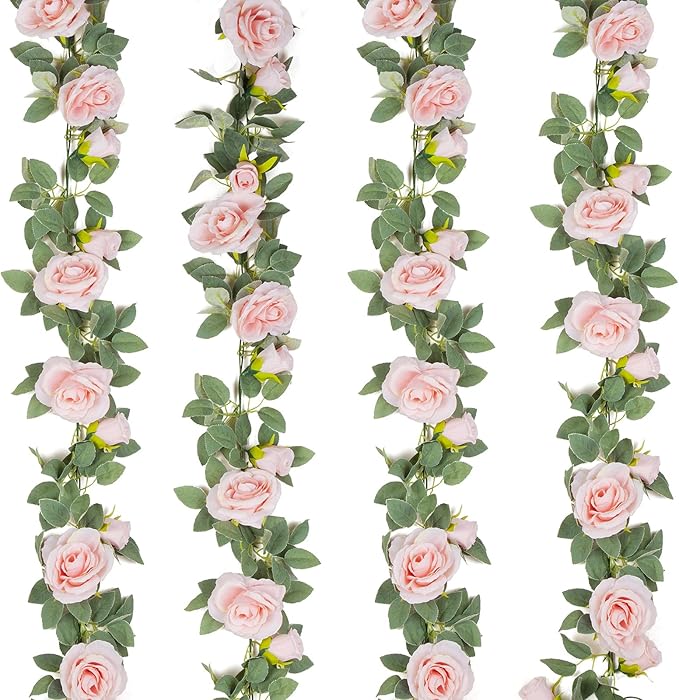 TELDRASSIL 4Pcs(26 FT) Artificial Rose Vine Fake Flower Garland Fake Silk Rose Hanging Vine for Wedding Party Background A...