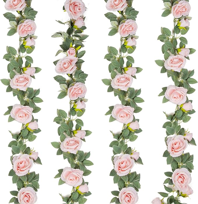 TELDRASSIL 4Pcs(26 FT) Artificial Rose Vine Fake Flower Garland Fake Silk Rose Hanging Vine for Wedding Party Background A...