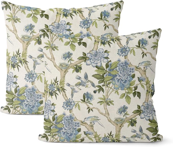 Sorktse Chinoiserie Pillow Covers 18x18 Inch Set of 2 Blue Green Floral Bird Throw Pillows Vintage Chinoiserie Flower Pill...