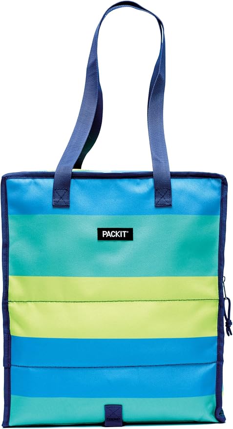 PackIt Freezable Grocery Shopping Bag with Zip Closure, Fresh Stripe