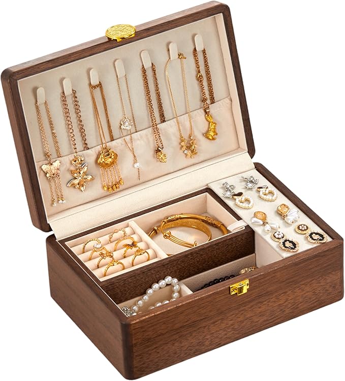 KAOTGOT Wooden Jewelry Box For Women Jewelry Organizer Box With Lock 2 Layer Jewelry Holder Organizer For Necklace Ring Ea...