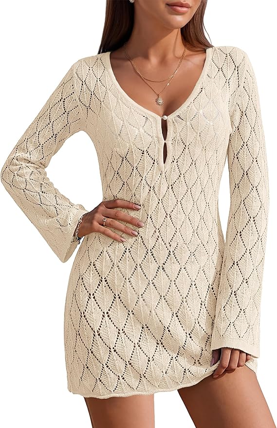 Ekouaer Swimsuit Coverup for Women Crochet Beach Cover Up Hollow Out Long Sleeve Cover Ups 2026 Summer Vacation Outfits