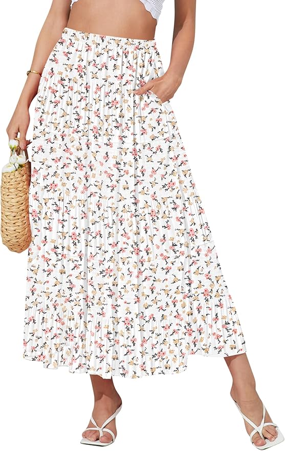 NASHALYLY Women's High Waisted Maxi Skirt,Elastic Chiffon Boho Long Skirt with Pockets