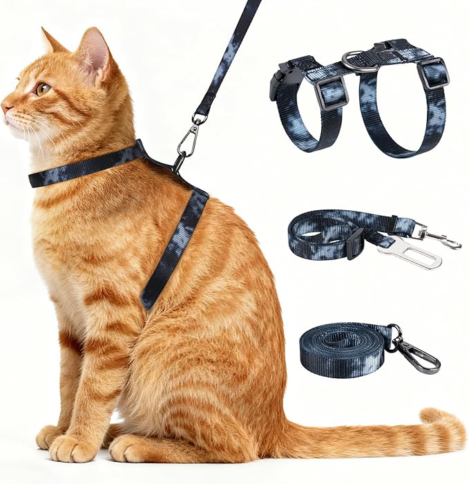 Cat Harness and Leash Set, 3-in-1 Escape Proof Adjustable, Comfortable Soft Lightweight, Safe, Easy to Wear, Walking Trave...