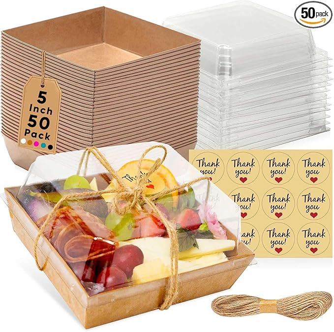 Leafiew 50 Pack Small Charcuterie Boxes with Clear Lids - To Go Paper Mini Charcuterie Box, Disposable Food Containers, 5I...