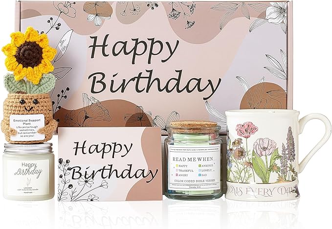 Happy Birthday Gift Set for Women - Ceramic Mug, Bible Verse Jar, Scented Candle, Sunflower & Greeting Card - Religious Bi...
