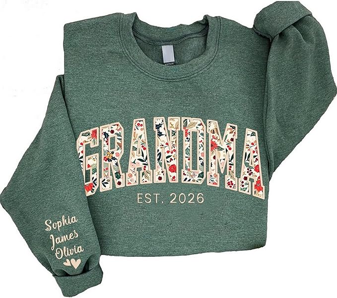 Custom Embroidered Grandma Floral Shirt with Names on Sleeve, Personalized Grandma Gift, Floral Grandma Crewneck Sweatshirt