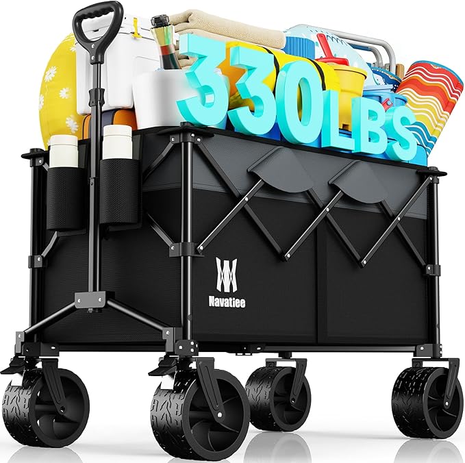 Navatiee 330Lbs Collapsible Folding Wagon, Beach Wagon Cart Heavy Duty Foldable with Big Wheels, Utility Grocery Wagon wit...