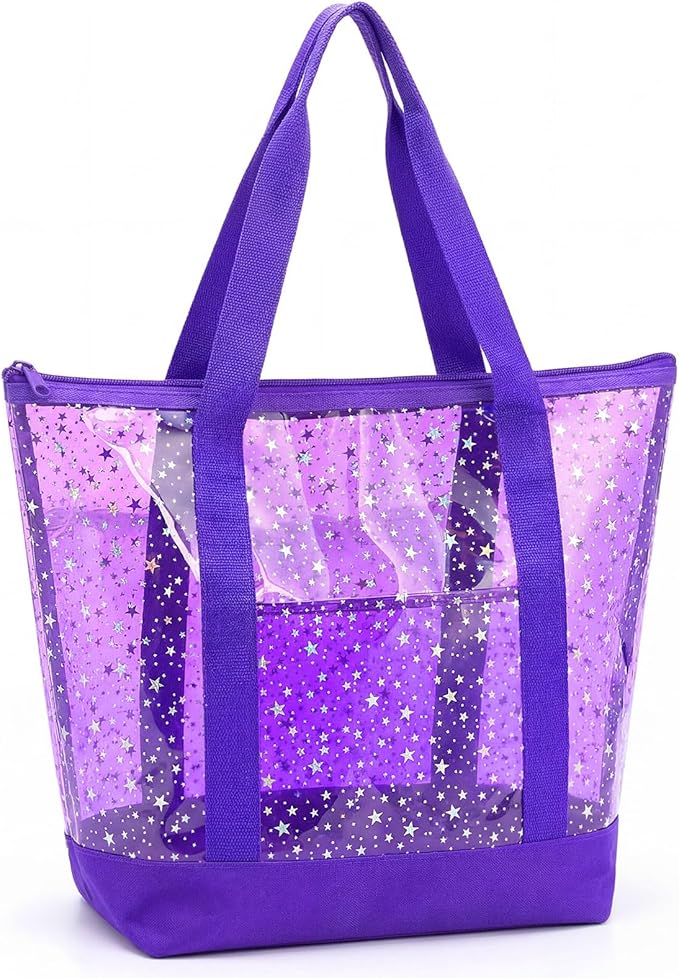 Sanwuta Clear Star Tote Bag for Women, Security Approved Large Tote Shoulder Beach Bag with Zipper for Travel Work