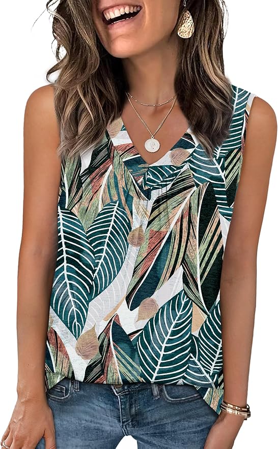 OFEEFAN Tank Top for Women Loose Fit Sleeveless Shirts V Neck Summer Clothes Ruched Women's Tees and Tanks Curved Hem