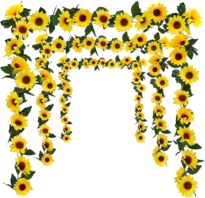 Uieke 3 Pack Artificial Sunflower Garland, 7.5ft/Strand Silk Sunflowers Hanging Vines Flowers with Green Leaves for Room K...