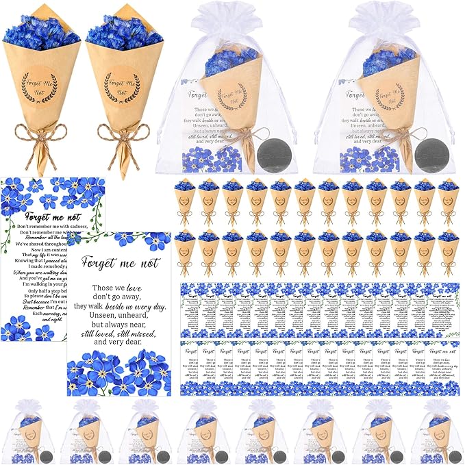 Suncalla 30 Sets Funeral Favors for Guest Forget Me Not Dried Flowers Bouquets Mini Magnet Dried Flower Bouquets with Card...