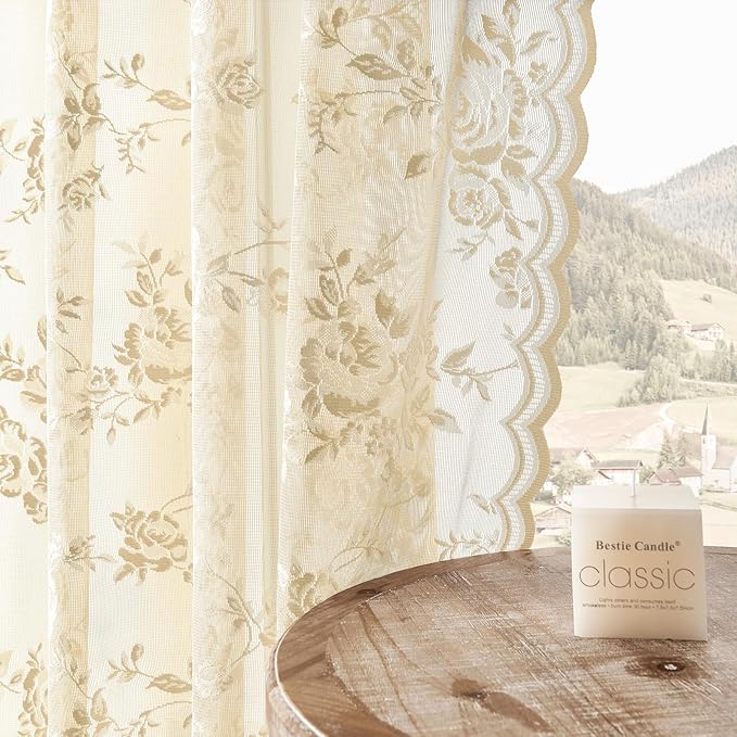 SEEKRIGHT Beige Lace Curtains 84 Inches Long Victorian Floral Sheer Curtains for Living Room Bedroom Decor Drapes Rod Pock...
