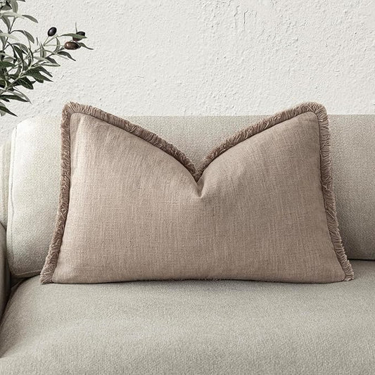 Foindtower Decorative Linen Fringe Lumbar Throw Pillow Covers Boho Farmhouse Cushion Cover with Tassel Soft Accent Pillowc...