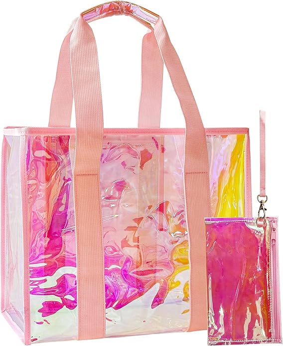 TotePrint PVC Waterproof Holographic Colorful Tote Handbag with Small Mobile Phone Bag for Beach, Travel and Shopping（0.4MM）