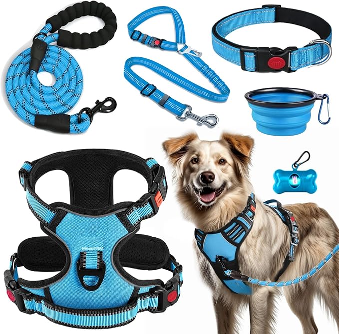 LOBEVE No Pull Dog Harness, Collar & Leash Set | Includes Dog Seat Belt, Collapsible Bowls & Poop Bag Dispenser. Ideal for...
