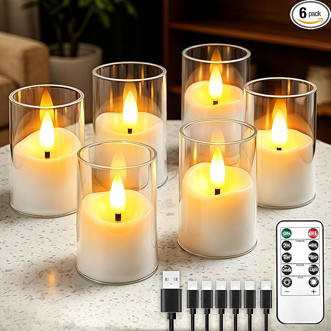 CXJPLRE Rechargeable Flameless Candles with Timer Remote, 1.7"x2.6" Clear Acrylic LED Tea Lights Candles，Small Votive Elec...