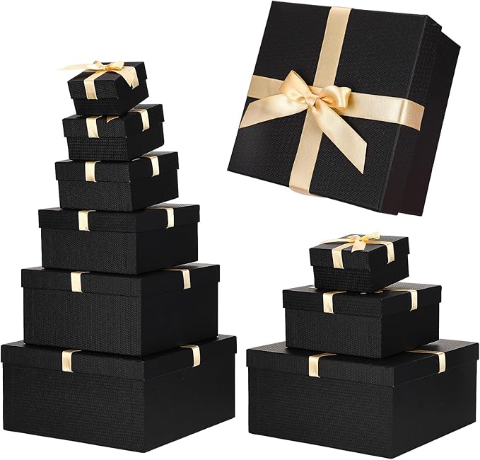 Chivertion 6 Pack Valentine Large Nesting Gift Boxes with Lid Ribbon 6 Size Square Gift Wrapping Stacking Boxes for Valent...