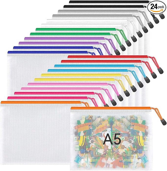 Umriox 24 Pack 12 Colors Small Zipper Pouch, 9.5" x 7.1"/A5 Size Mesh Bags with Zipper, mesh Bags for Puzzles Board Games ...