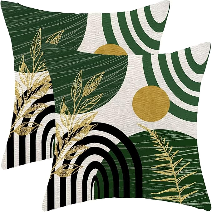 AEIOAE Boho Green Gold Pillow Covers 18x18 Set of 2 Mid Century Tropical Leaf Decorative Throw Pillow Abstract Outdoor Lin...