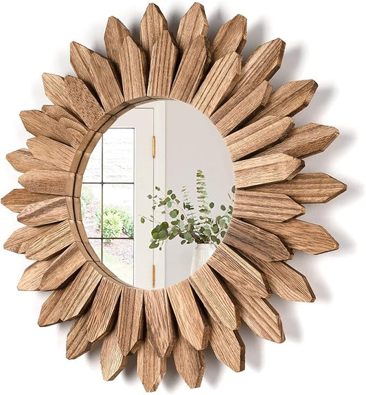 Honiway Wall Mirror Decorative 12 inch Rustic Wood Mirror Sunburst Boho Mirror for Entryway Bedroom Living Room Bathroom H...