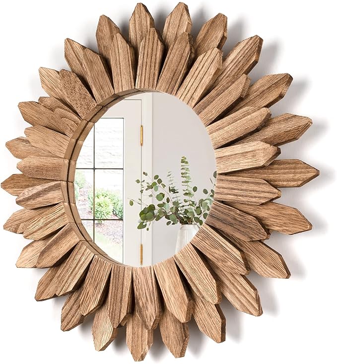 Honiway Wall Mirror Decorative 12 inch Rustic Wood Mirror Sunburst Boho Mirror for Entryway Bedroom Living Room Bathroom H...