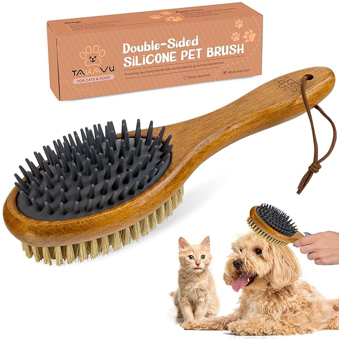 TAKAVU Short Hair Dog & Cat Deshedding Brush - Double Sided Grooming Tool with Silicone Massage & Bristle Sides - Removes ...
